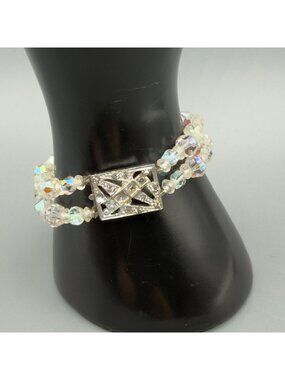 Vintage AB Crystal 2 Strand Beaded Bracelet Rhinestone Art Deco Clasp 7 Inch